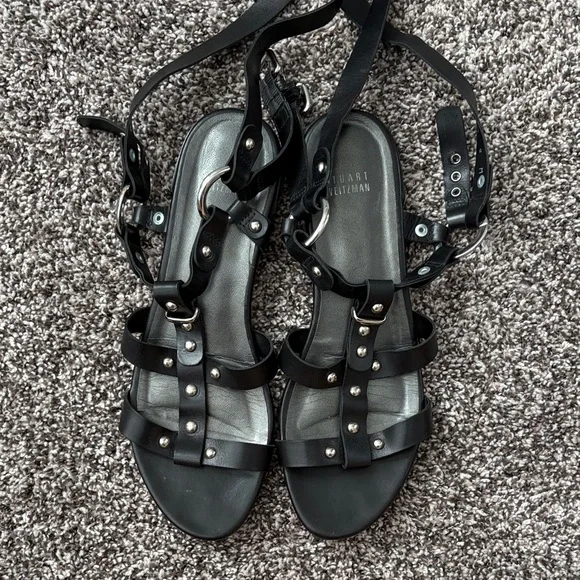 Stuart Weitzman Black Leather Studded Sandals Sz 8 - Picture 3 of 5